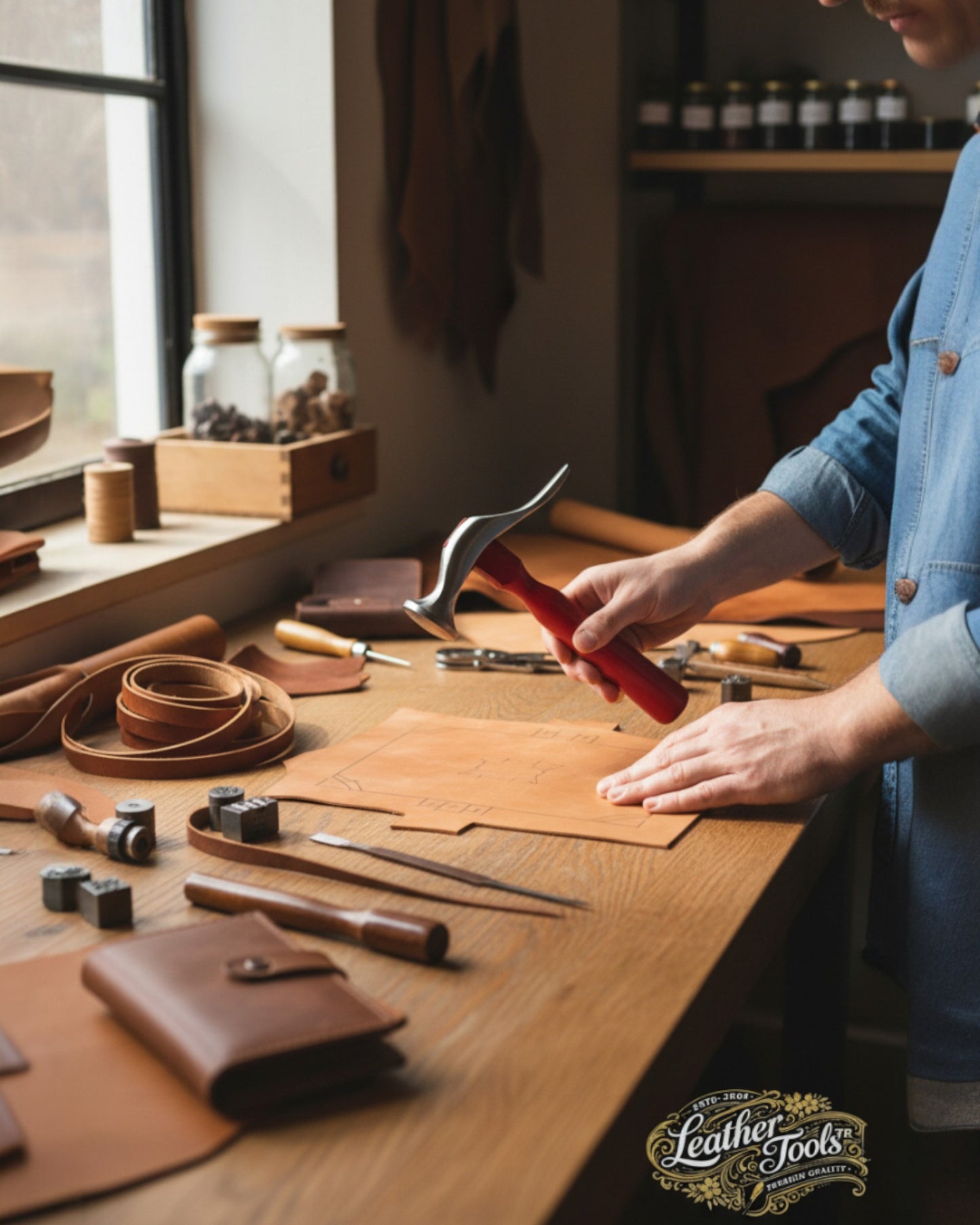 Deri işçiliğinde kullanılan profesyonel çekicin cüzdan üretiminde kullanım anı