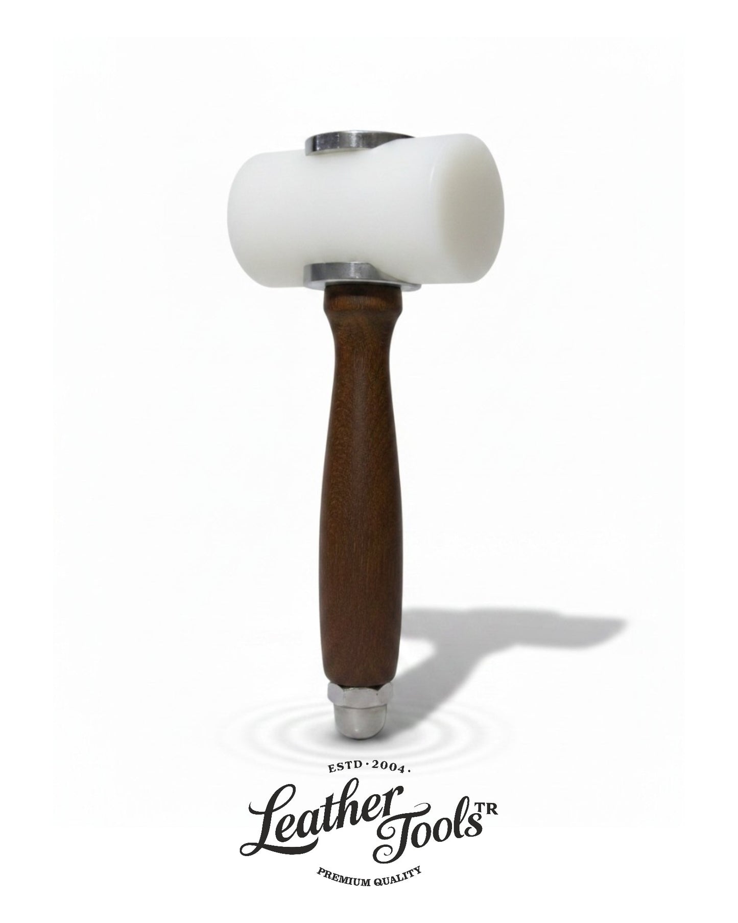 LeatherToolsTR çelik destekli, koyu ahşap saplı ve beyaz naylon başlıklı premium T-tipi deri zanaat tokmağı.