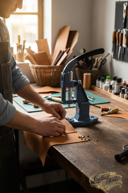 Deri atölyesinde kullanılan tulumba pres ile çıtçıt montajı