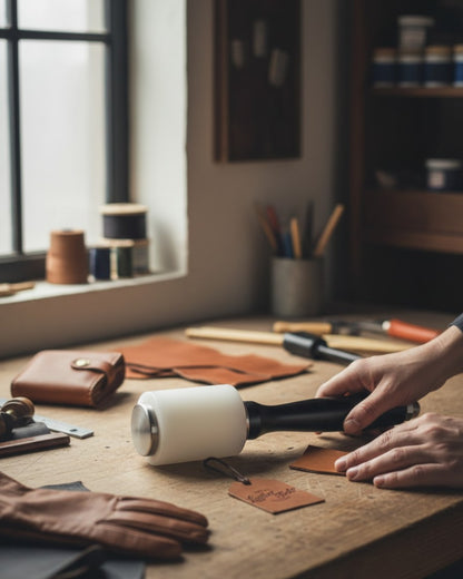LeatherToolsTR ayarlı yuvarlak plastik craft tokmak ile deriye baskı (stamping) işlemi yapan zanaatkarın atölyesi. Poli (poly) tokmak kullanımı.