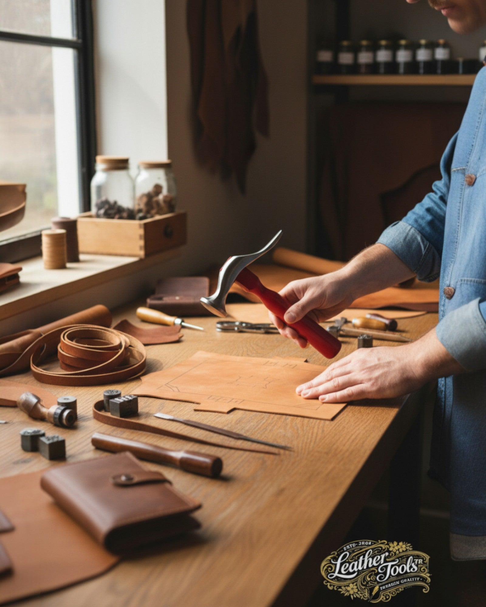 Deri işçiliğinde kullanılan profesyonel çekicin cüzdan üretiminde kullanım anı