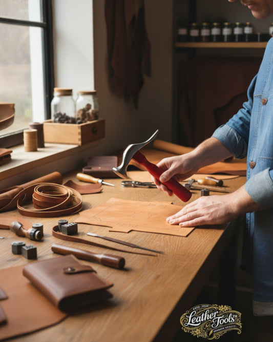 Deri işçiliğinde kullanılan profesyonel çekicin cüzdan üretiminde kullanım anı