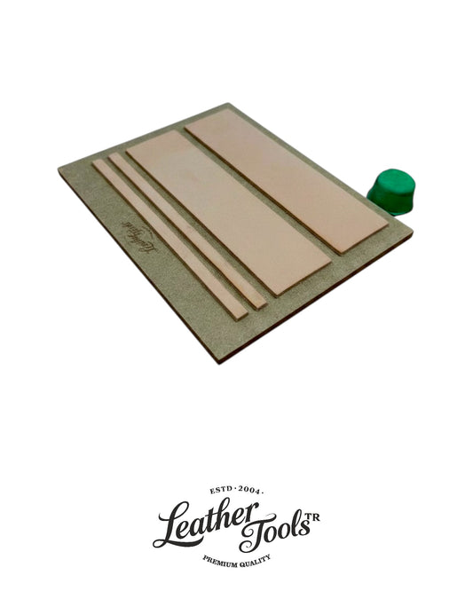 LeatherToolsTR deri el aletleri bilemek için MDF tabanlı deri masat seti ve yeşil zımpara polisaj macunu.