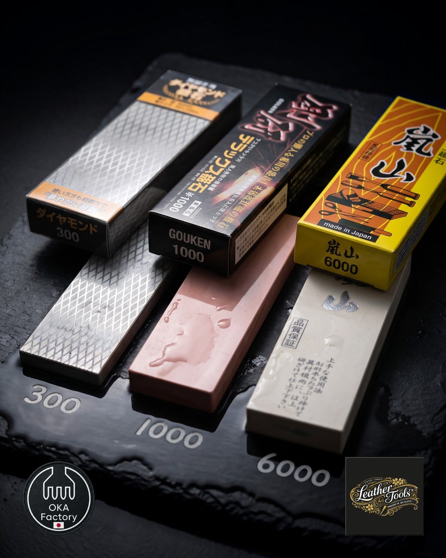 OKA Factory #300, #1000 ve #6000 kum 3'lü Japon sulu bileme taşı seti