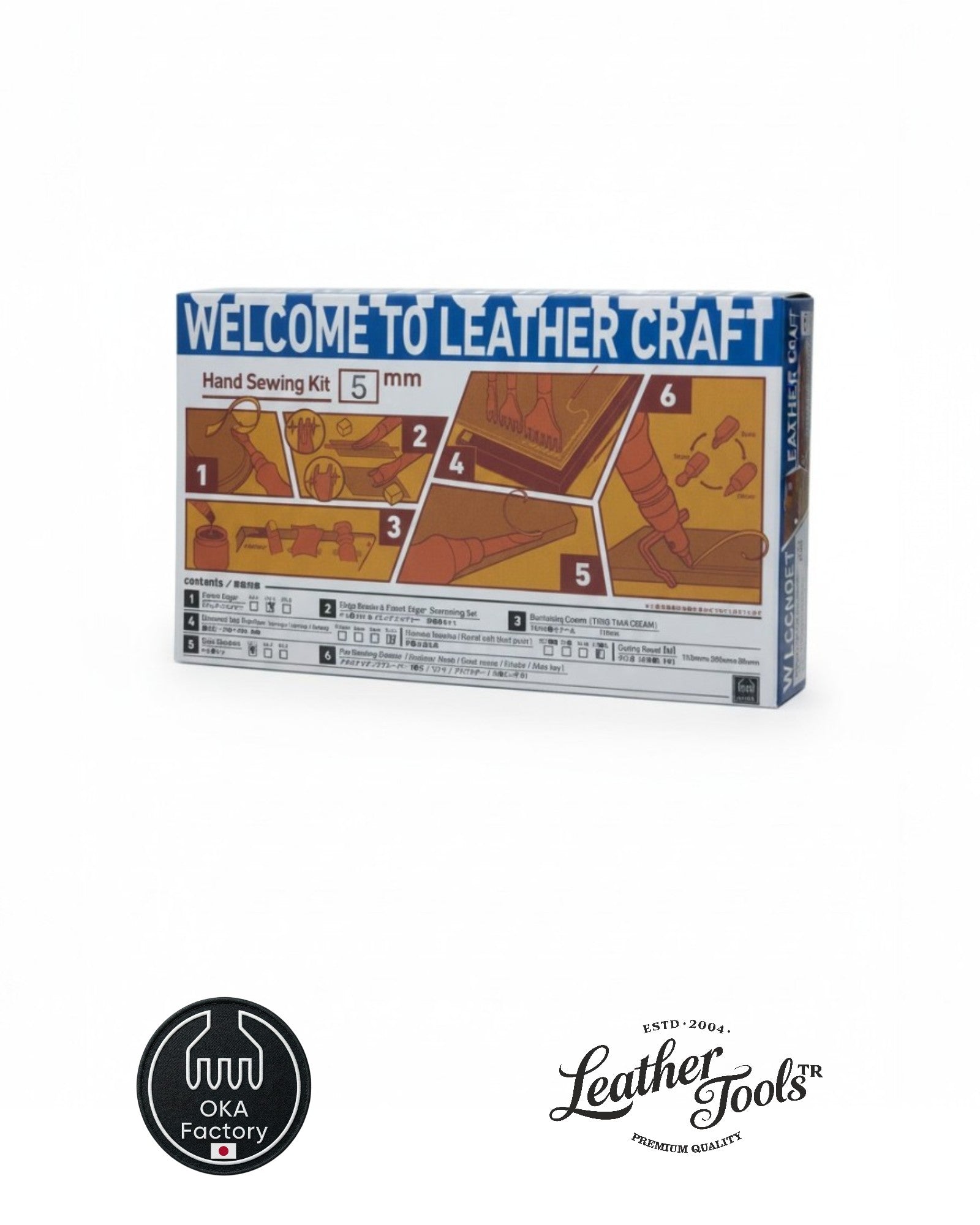 LeatherToolsTR OKA Factory profesyonel deri el aletleri seti (Pro Kit) kutusu ve içindeki Japon çeliği aletler.